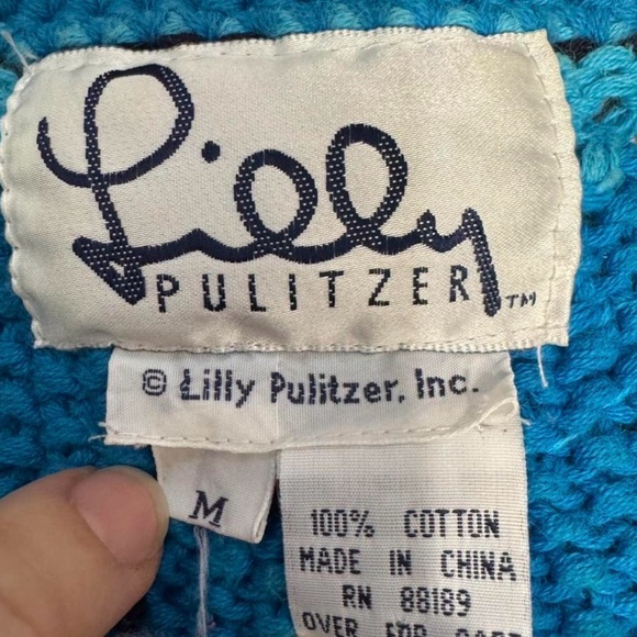 Vintage Lilly Pulitzer Lion Face Knit Cotton Sweater Blue and Pink Floral Size M - Picture 3 of 8